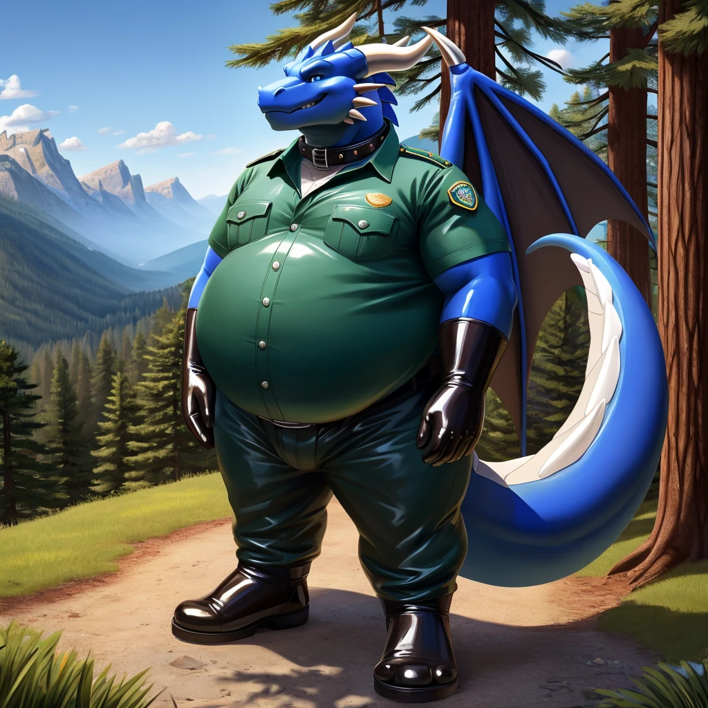 solo, full body, Male, fat, extremely obese, Dragon, park ranger, trousers, outdoor, park ranger uniform, collared shirt with buttons, blue eyes, (soft shading), 4k, hi res, ((detailed face, detailed)), looking at viewer, evil grin, Dragon is wearing the collared shirt and leather collar at the same time, Dragon is wearing a glossy leather dog collar around the neck, Dragon is wearing white rubber gloves on the hands, white rubber gloves on the feet, gloves are rubber in texture, leather collar is shiny, leather collar is extremely detailed, rubber gloves are glossy, Evergreen pine forest and mountains national park in the background, Environmental protection area.