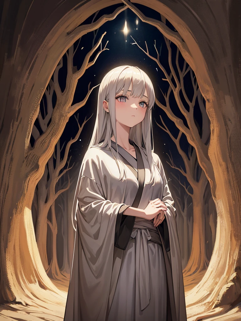 Beautiful girl in a gray robe standing in a dark forest, Magnificent style, Octane Rendering, Desert Composition, Beautiful Face, Surreal, Oil on canvas, Award-winning, masterpiece, Trending on Art Station, Studio Ghibli