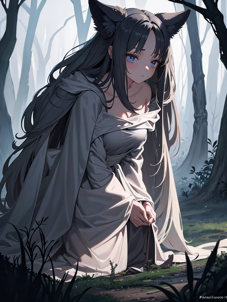 Beautiful girl in a gray robe standing in a dark forest, Magnificent style, Octane Rendering, Desert Composition, Beautiful Face, Surreal, Oil on canvas, Award-winning, masterpiece, Trending on Art Station, Studio Ghibli