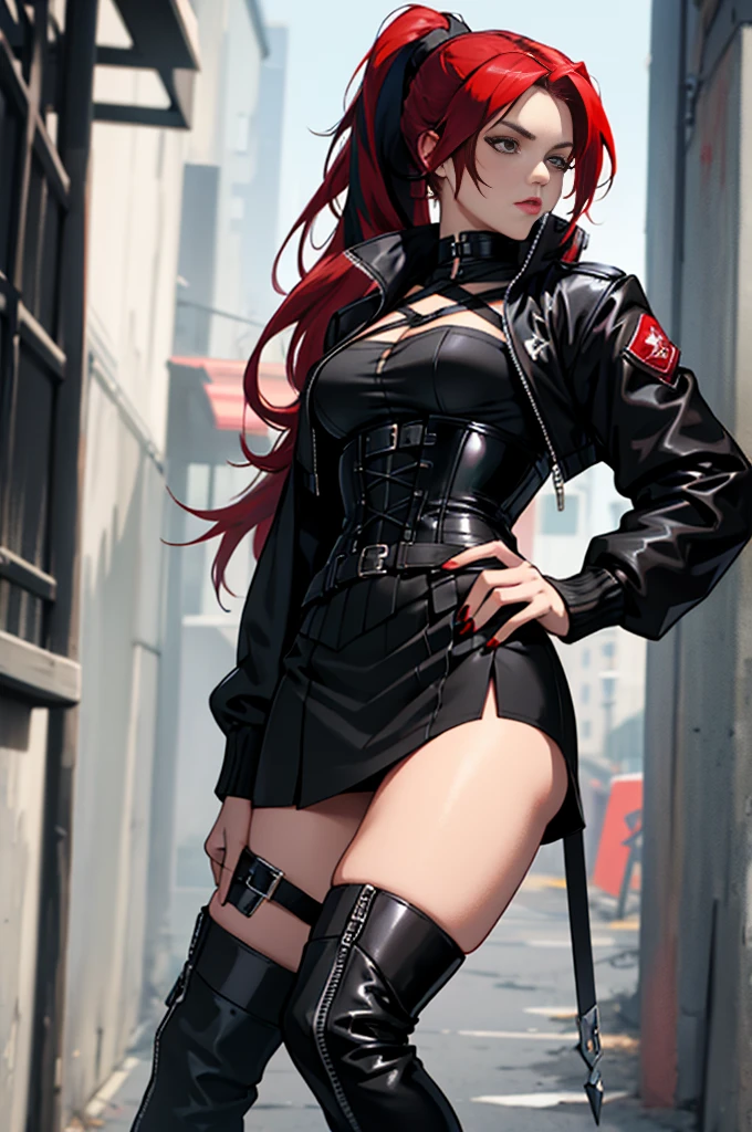 Rogue human woman, with red hair and black streaks, long high ponytail, white corset, black mini skirt, black thigh high boots, black jacket, with a dagger