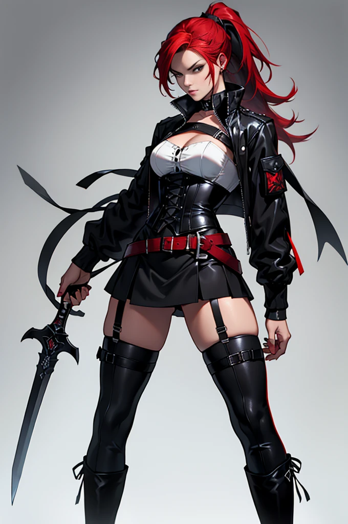Rogue human woman, with red hair and black streaks, long high ponytail, white corset, black mini skirt, black thigh high boots, black jacket, with a dagger
