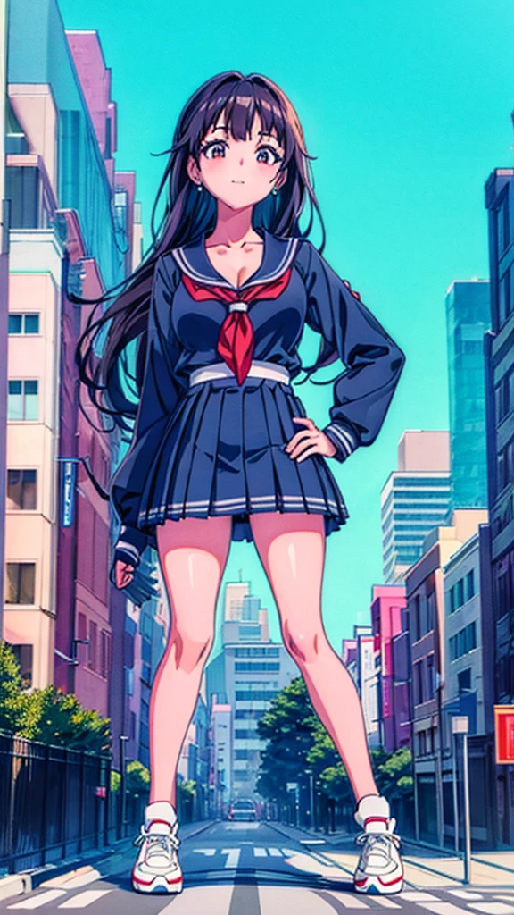 Knot　Unreal Engine　Anime Style　Delicate painting　4K　90's　giant　Multiple Girls　crowd　School building 　City　　School buildingの谷間に立っている巨大な女子高生　school uniform　Sailor suit　skirt　Black Hair　Hands on hips　smile　female giant giant girl Whole body 　 Destroyed skyscrapers Destroyed cars Crowd Unreal Engine,cleavage ,a drawing of a , earrings, long hair, 1980s (style) Cute picture　Beauty　Analog style　whole body　sneakers　