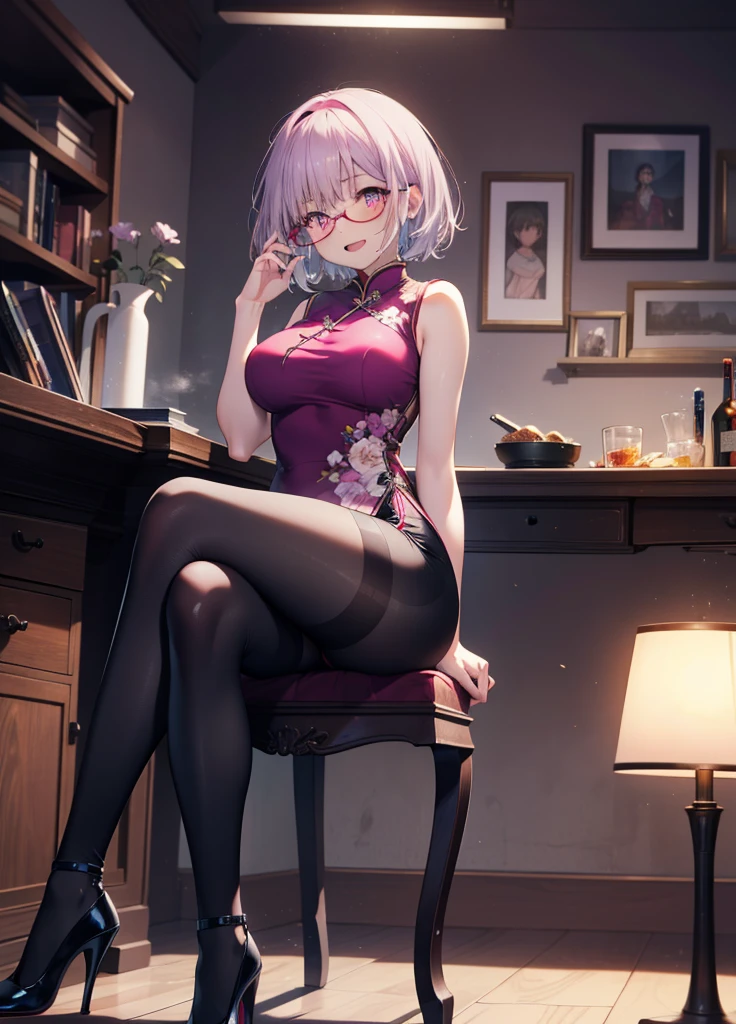 akaneshinjou, shinjou akane, Light purple hair, (Pink Eyes:1.2), happy smile, smile, Open your mouth,short hair,Red-rimmed glasses,hair band,Big Breasts,Sleeveless purple cheongsam,Long slit,Black pantyhose,Stiletto heels,sitting cross-legged on a chair,
break looking at viewer, whole body, 　　　　　　　　break indoors, room,　　　　　　　　　　 　　　break (masterpiece:1.2), Highest quality, High resolution, unity 8k wallpaper, (shape:0.8), (Beautiful and beautiful eyes:1.6), Highly detailed face, Perfect lighting, Extremely detailed CG, (Perfect hands, Perfect Anatomy),