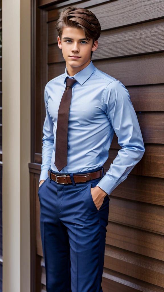 19 year old male wearing tie and lomg sleveed button up with belt and tucked in
4K HIGH REZ 

Physical Description: Brown colored hair and skinny build. 5"5 and 150 LB. Blue eyes. 

.