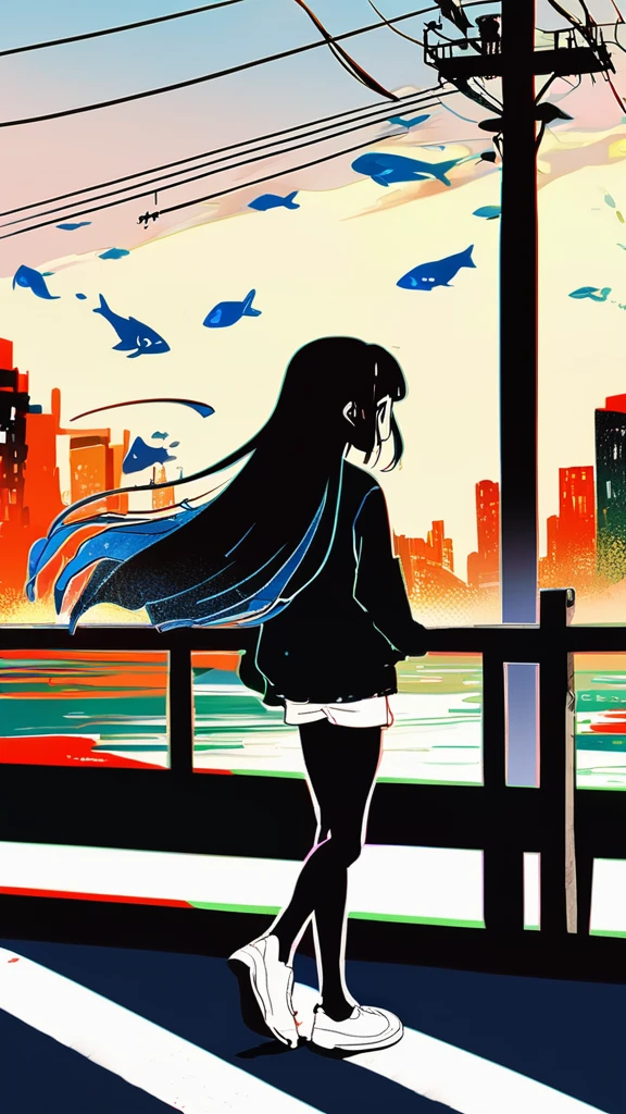 masterpiece, Exquisite detail,Highest quality, One girl, alone, handrail, cloud, 立ってzeroを見上げている,Long Hair, zero, Long sleeve, sneakers, Power lines, White footwear, Black Hair, View your viewers, Electric pole, bangs, cloudy zero, fish, bird, Green Eyes, Shorts, Day, Black Shirt, barefoot,Buildings,Tokyo city,walk