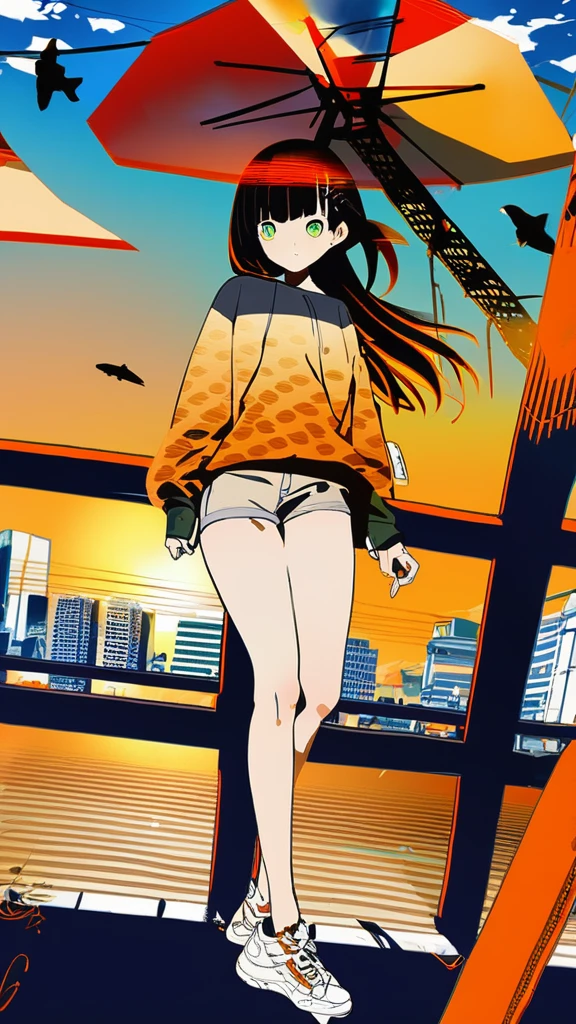 masterpiece, Exquisite detail,Highest quality, One girl, alone, handrail, cloud, 立ってzeroを見上げている,Long Hair, zero, Long sleeve, sneakers, Power lines, White footwear, Black Hair, View your viewers, Electric pole, bangs, cloudy zero, fish, bird, Green Eyes, Shorts, Day, Black Shirt, barefoot,Buildings,Tokyo city,walk