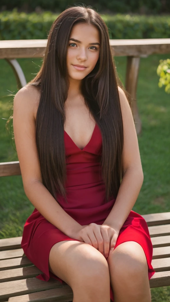 Pretty with long straight hair posing in a wine-red dress in the evening while sitting on a bench. 8k quality, realist, Ultra quality