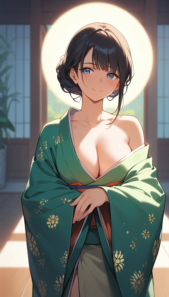 (score_9,score_8_up,score_7_up,score_6_up),masterpiece,best quality, source anime, rating_explicit, (((masterpiece))), (((best quality))), ((ultra-detailed)), ((illustration)), (1girl), (beautiful Japanese woman), (long black hair), (blue eyes), (simple background), (wearing traditional kimono), (detailed face), (perfect anatomy), (detailed light and shadow), (serene expression), (minimalist style),(cleavage:1.1),((shy smile)), (eyeshadow:0.8), digital collaring, (Sun glare;1.2), Bokeh, Depth of written boundary, Blurred Background, Particles of light, Strong winds, glossy skin, spotlight, natural right, (iridescent light:1.5)