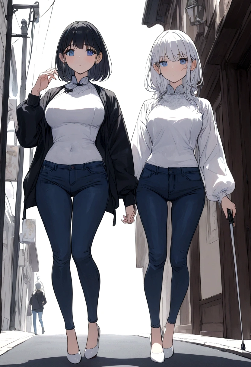 Anime. Young woman. Blind. Urinata standing on the public.. Jeans. Topic. Jacket. White cane. Walking down the street. Read. Nasal mucus. Cover your nose with your hand. Full body.