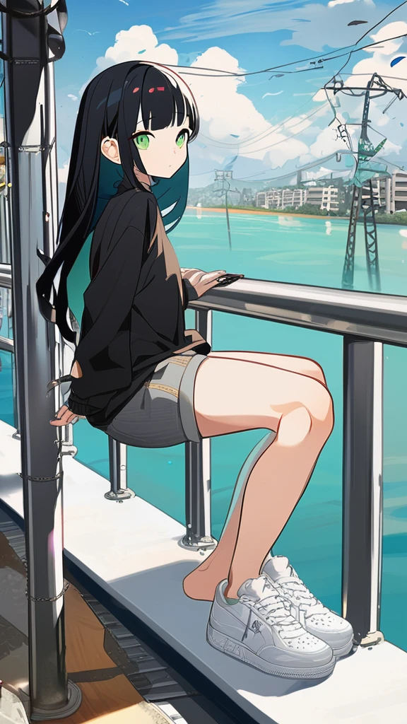 masterpiece, Exquisite detail,Highest quality, One girl, alone, handrail, cloud, 立ってNULLを見上げている,Long Hair, NULL, Long sleeve, sneakers, Power lines, White footwear, Black Hair, View your viewers, Electric pole, bangs, cloudy NULL, fish, bird, Green Eyes, Shorts, Day, Black Shirt, barefoot