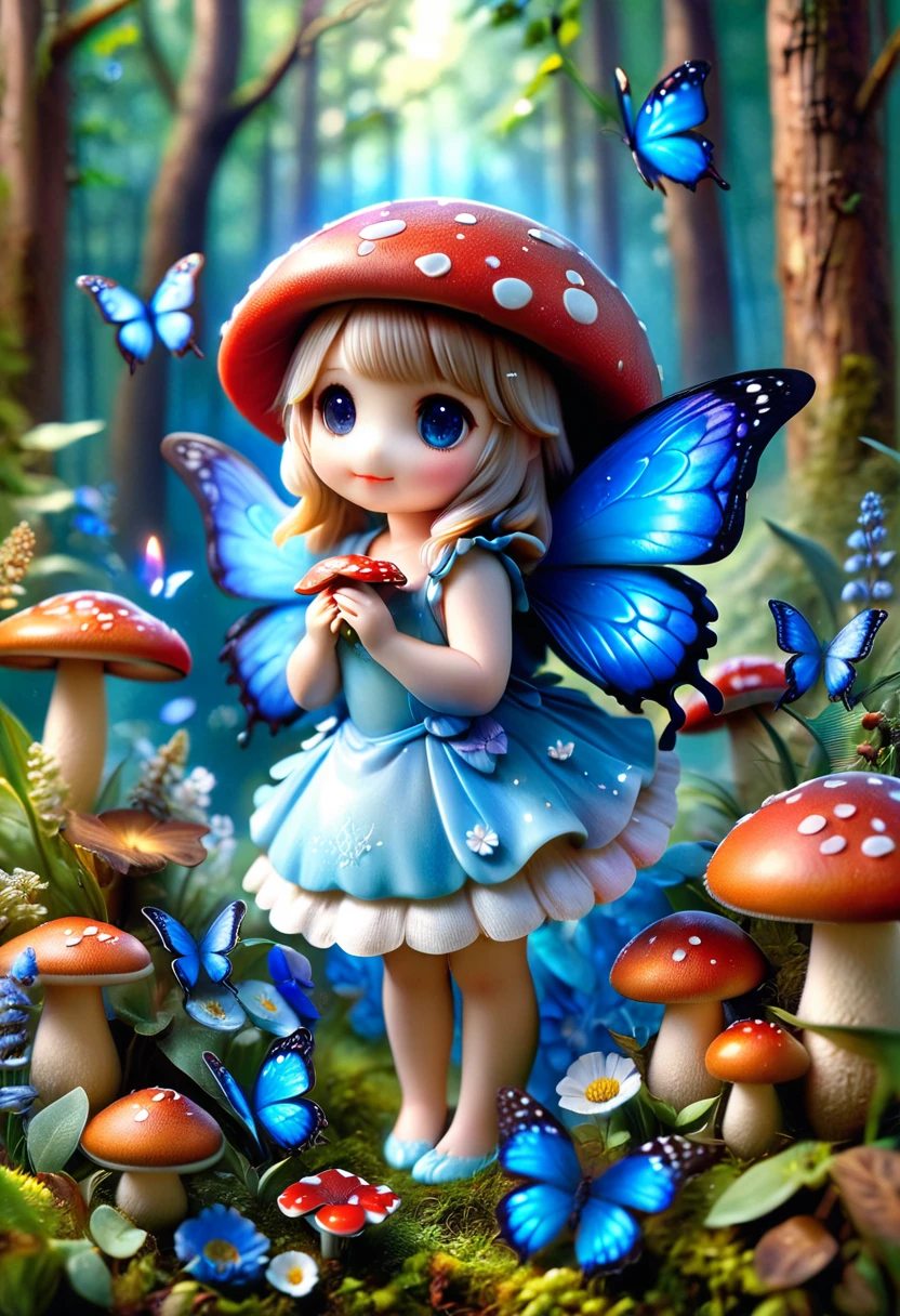 absurdres, highres, ultra detailed, HDR, master piece, best quality, extremely detailed, cute red mushroom with face, cute, small, solo, magical, fantasy, magic, blue forest, glittering, blue butterflies, blue petals, blue flowers
