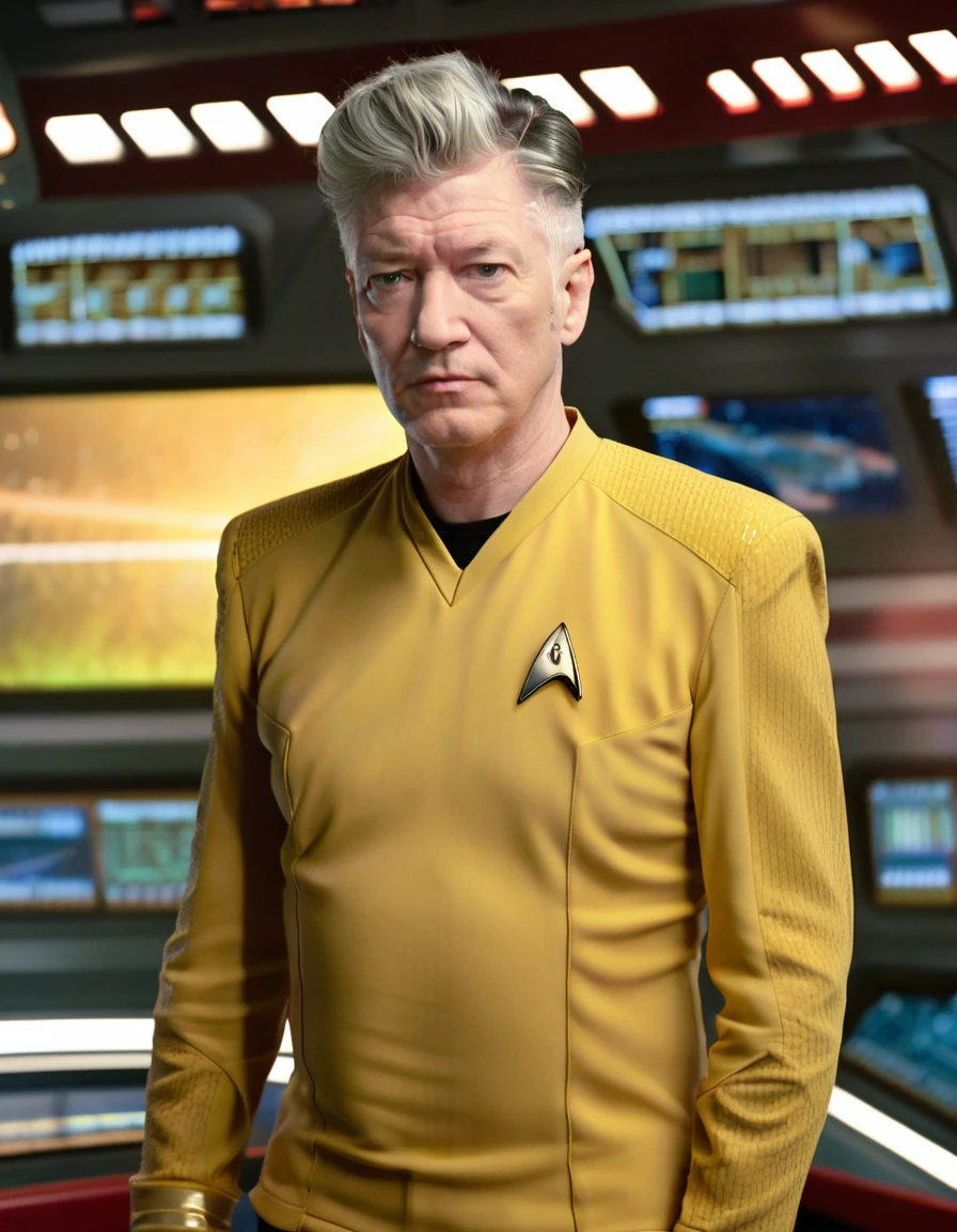 David Lynch in yellow stsnwunf uniform,on starship bridge,