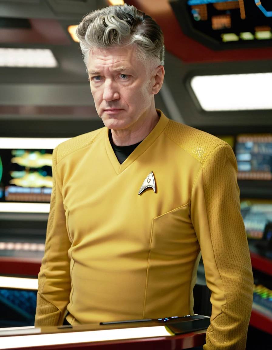 David Lynch in yellow stsnwunf uniform,on starship bridge,