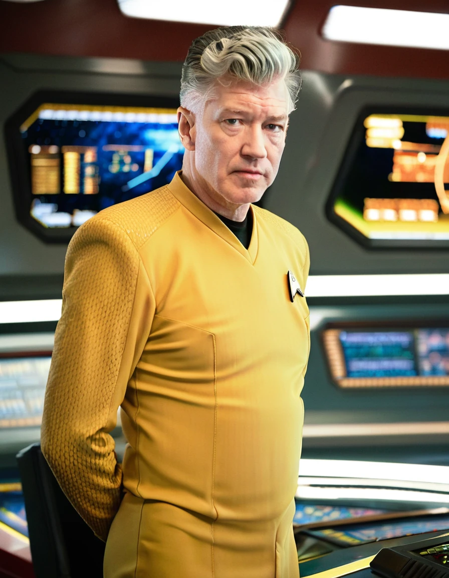 David Lynch in yellow stsnwunf uniform,on starship bridge,