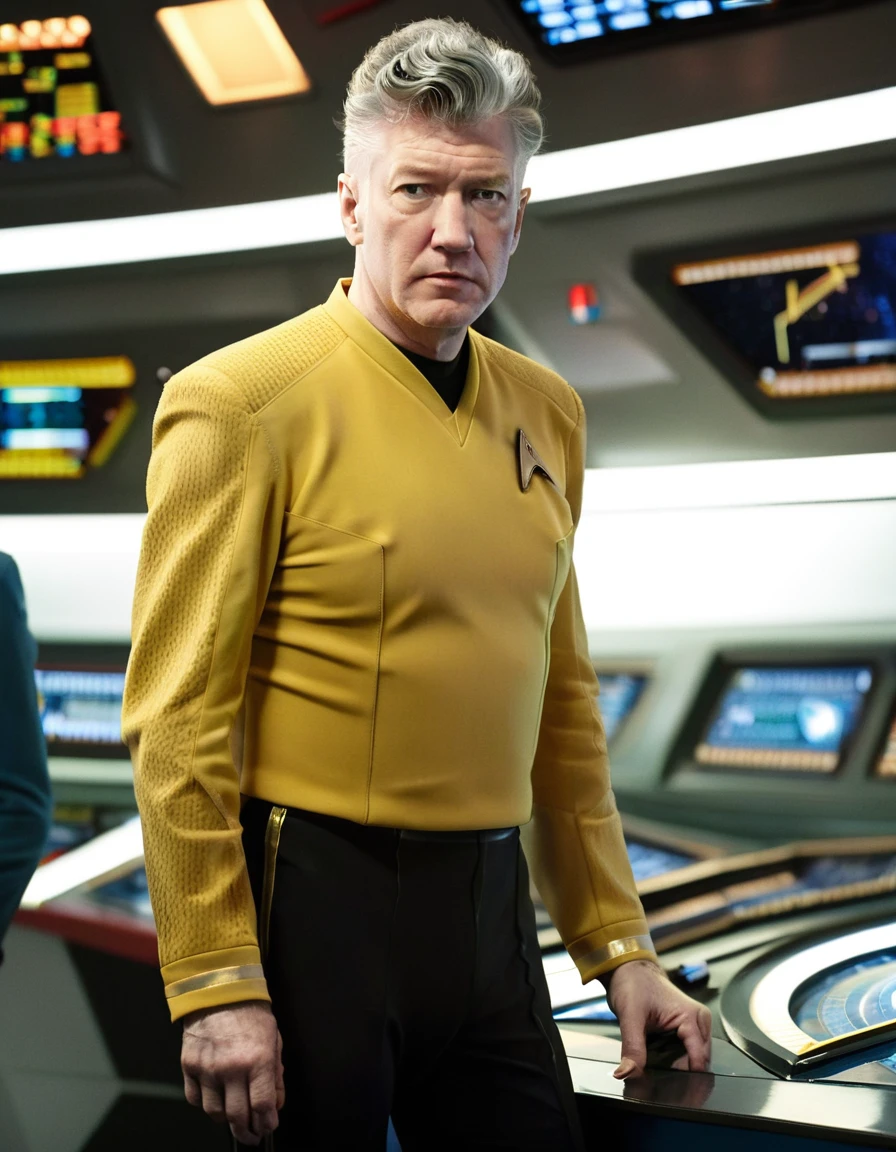 David Lynch in yellow stsnwunf uniform,on starship bridge,