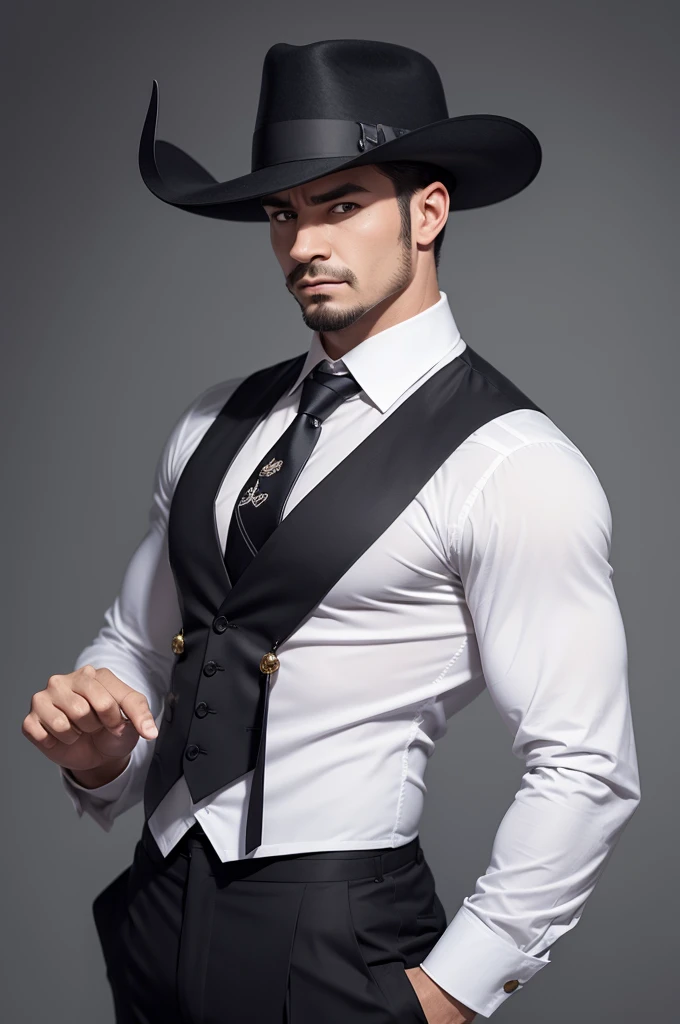 a stylized anthropomorphic character in the shape of a bull, standing. The bull has a muscular appearance and is wearing formal attire that includes a dark vest, white shirt and tie. Additionally, he wears a fedora hat tilted slightly to one side. The character's facial expression appears confident, with a slightly raised eyebrow and hands adjusting his tie, as if he is preparing for an important event. The background of the image is simple and does not distract from the main subject. 🐂🎩