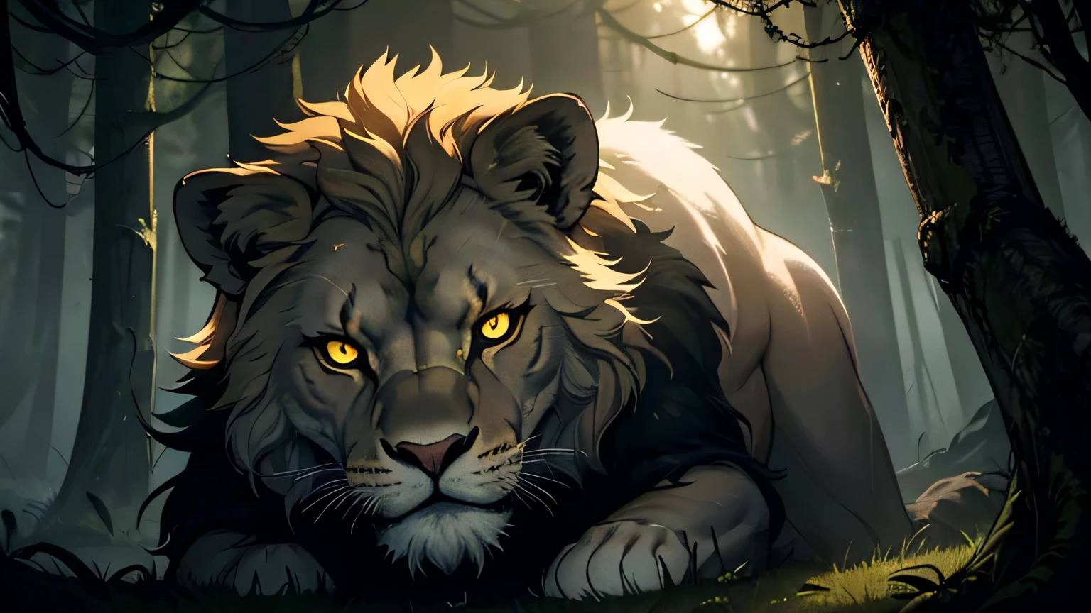 LION EYES SHINING IN THE DARK bright yellow eyes, sharp fangs, moody lighting, hyper realistic, gloomy and mysterious forest, cinematic lighting, intricate details, 8k, high quality, photorealistic, dramatic, powerful, majestic