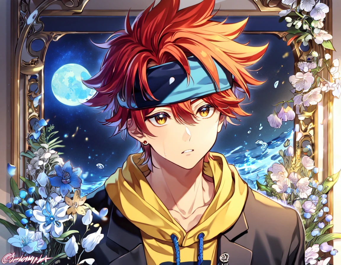absurdres, highres, ultra detailed, HDR, master piece, Kyan Reki, red hair, expressive amber eyes, yellow hoodie, blue headband, black jacket, SK8 the infinity, sexy man, handsome, best quality, blue moon, flowers, fantasy, magical, solo, water, blue shining fireflies, blue petals, the word "Krozseria" is written on his shirt,