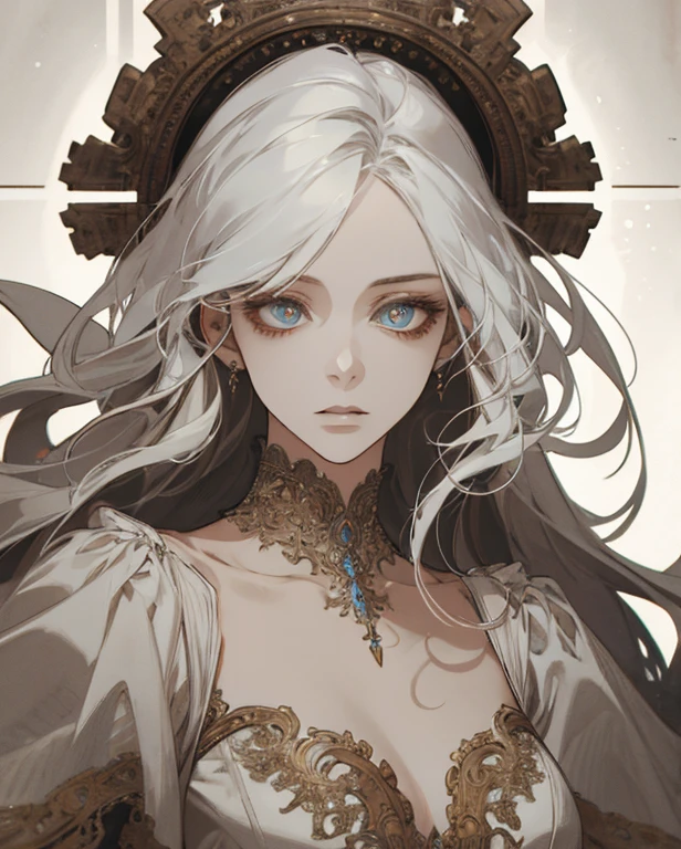 (Extremely Delicate and Beautiful:1.2), 8K ,(Masterpiece:1.0),(best_quality:1.0), 1girl, mature woman, complex details, enlarged textures, complex details, finely detailed eyes and detailed face, intricate details, white hair, (closed mouth), perfect eyes, equal eyes, (goddess), perfect body, extremely detailed
