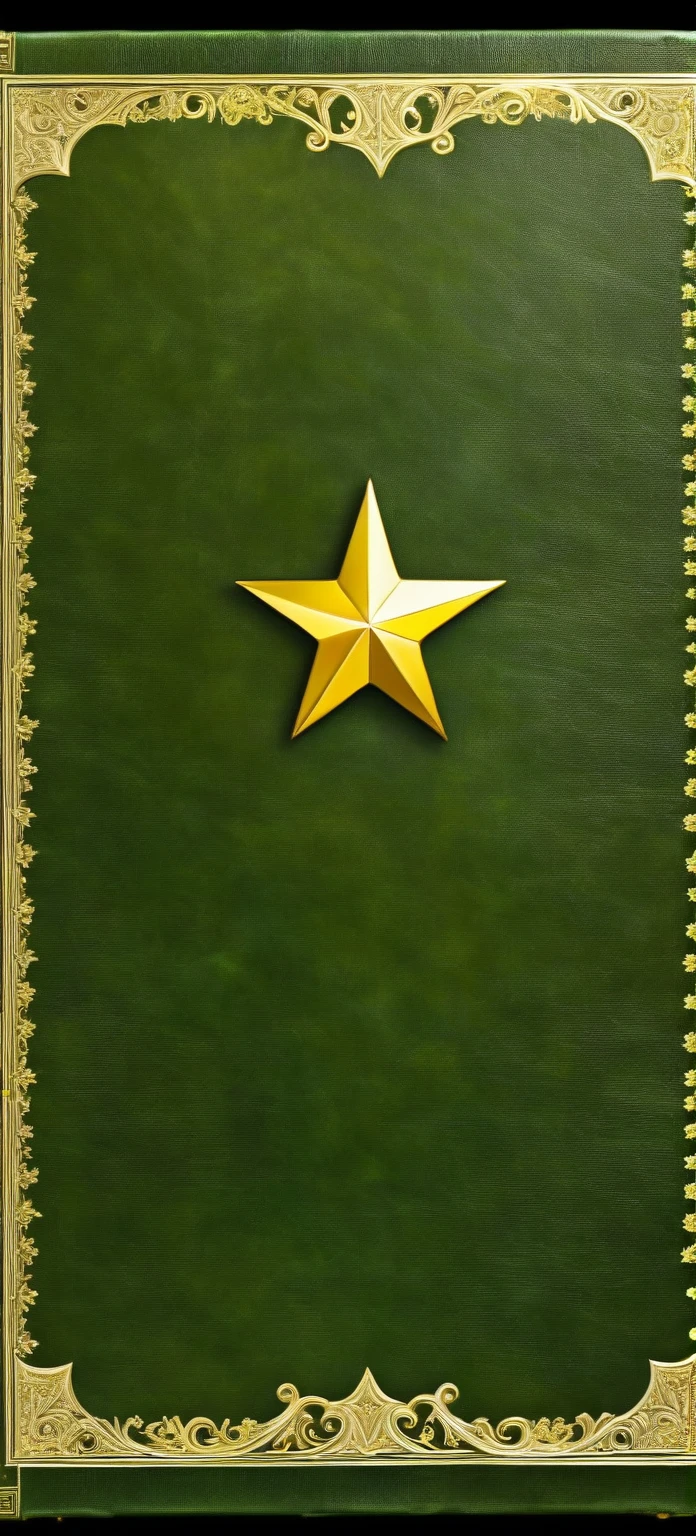 Bible dark olive green colored with golden details, a rainbow above with two small golden crystaline stars, dark deep turmaline green background