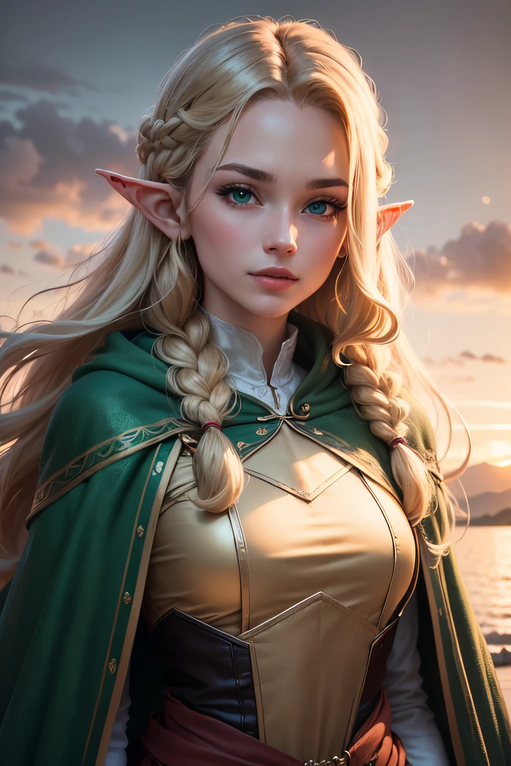 ((best quality)), ((masterpiece)), (detailed), Prize-winning works, with incredible details, maximum textures and details, uhd ,8K,super resolution ,depth of field, retina, masterpiece, anatomically correct, textured skin, super detail, high details, highres ,1 A Female Elf , Long wavy blonde hair, greeneyes, green and gold cloak, green and gold medieval dress , sunset ,hair in the wind,very long blonde braid hair ,((loiro long hair,)),shy smile,similar to the work of JRR Tolkien,longCap ,lightweight armour,fully body, hyper-detailed piercing eyes , (25 year old young man :1.1,detailedeyes, face detailed, whole body:1.1,the background is the same as Lothlórien  ),(best qualityer:1.2,ultra detali:1.1,realisitic:1.37) ,eyeshadows,sharp focus,swirly vibrant colors,)