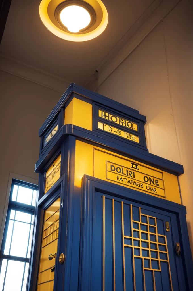 The Sunshine TARDIS, true to its name, stands out with its unique and vibrant exterior. While retaining the iconic shape of a 1960s British police box, it is painted in a rich, golden hue that seems to shimmer in the light, evoking the warmth and brightness of the sun. The windows and the sign panel are framed with intricate patterns resembling sun rays, giving it an elegant yet powerful look. At the top, the light is designed to look like a miniature sun, glowing with a soft, golden light.
