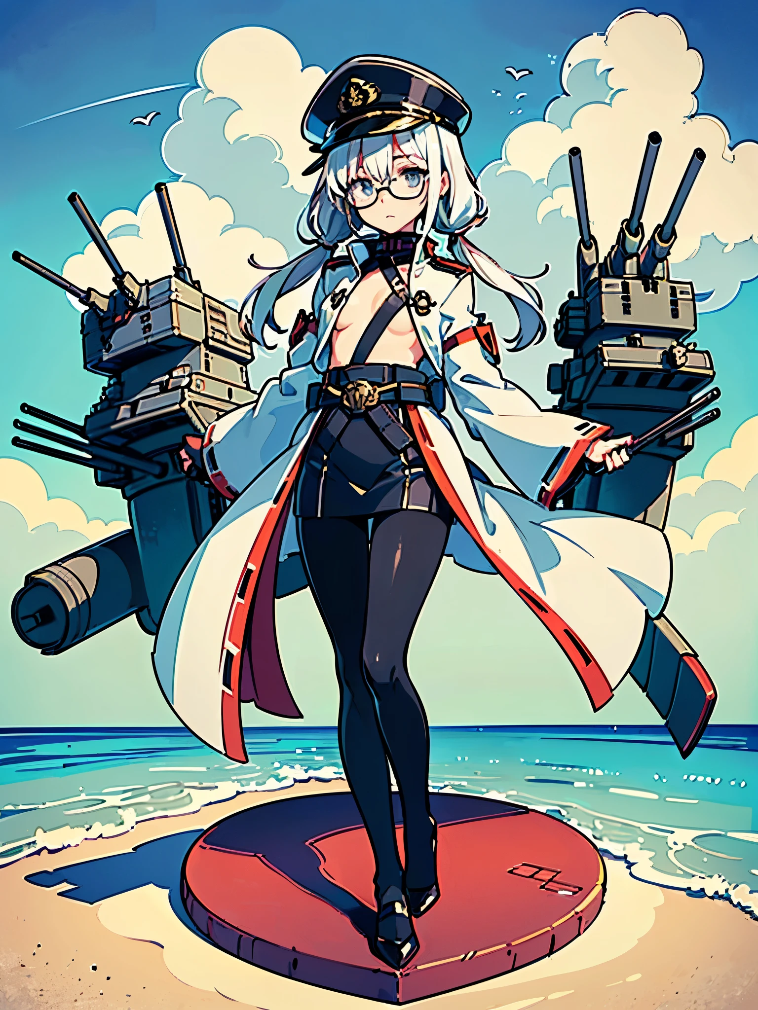 ((((Full body of a woman with perfect flat chest、White hair in two pigtails、white military jacket、Miko costume、Thick tights、Black glasses、White military cap、Cloudy eyes、Sleepy expression)))), (((masterpiece))), (((Shipgirl))), ((Floating on the morning sea with both feet)), (Spread your legs wide open), (Hold the turret with your right hand), (Mechanical arms extending from the waist are used to equip the ship with battleship equipment.), (Equipped with a turret on the back), (Holds the turret with his left arm), Torpedo tubes strapped to thighs, Spreading the Machine's Wings, Machine tail, shotgun,