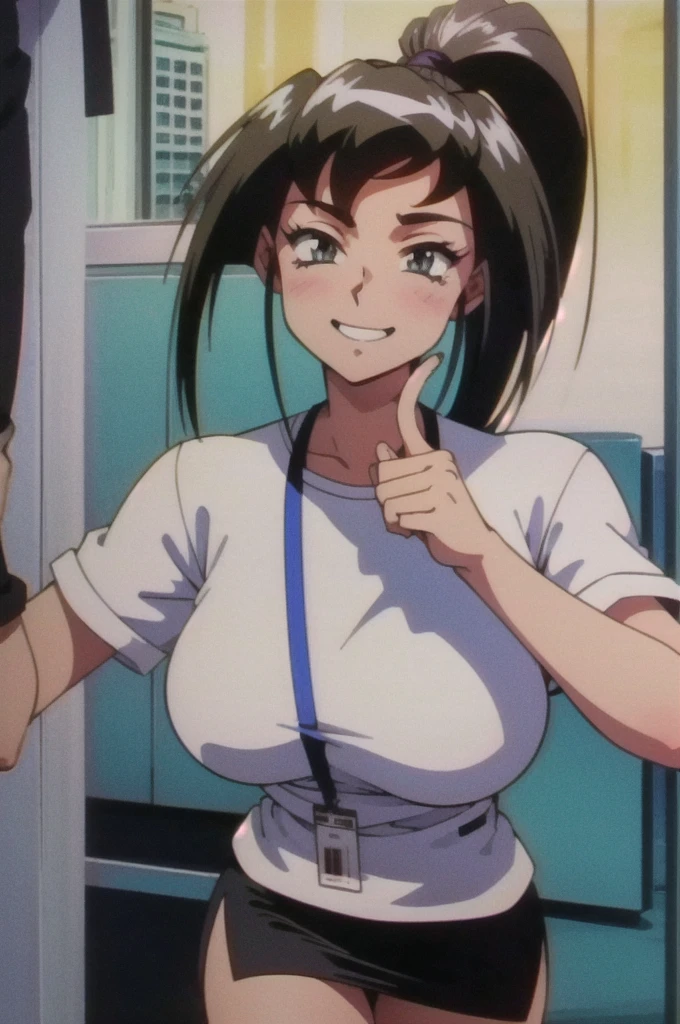(simple white background:1.2),upper body, 1girl, looking at viewer, standing, masterpiece, best quality, extremely detailed 8K wallpaper, ultra detailed, volumetric lighting, detailed eyes, beautiful eyes, best shadow, ultra detailed, high ponytail, (masterpiece: 1.0), (best_quality: 1.0), (best quality:1.4),(shiny skin), body focus, (cute face), (((best quality))), illustration, ((Beautiful Finger)), , Beautiful body, Beautiful character design, ,perfect lighting, Colorful, Bright_Front_face_Lighting, ultra high res, highres, absurdres:1.2, bokeh:1.2, lens flare, (vibrant_color:1.2), (Beautiful, large breasts:1.2), (thick thighs:1.1), THICK,
1lady standing, /(casual shirt/) (pencil skirt:1.1) /(id card lanyard/), (mature female) bangs, blush kind smile, (masterpiece best quality:1.2) delicate illustration ultra-detailed, large breast BREAK /(modern office indoors/), window skyscraper, sweet smile