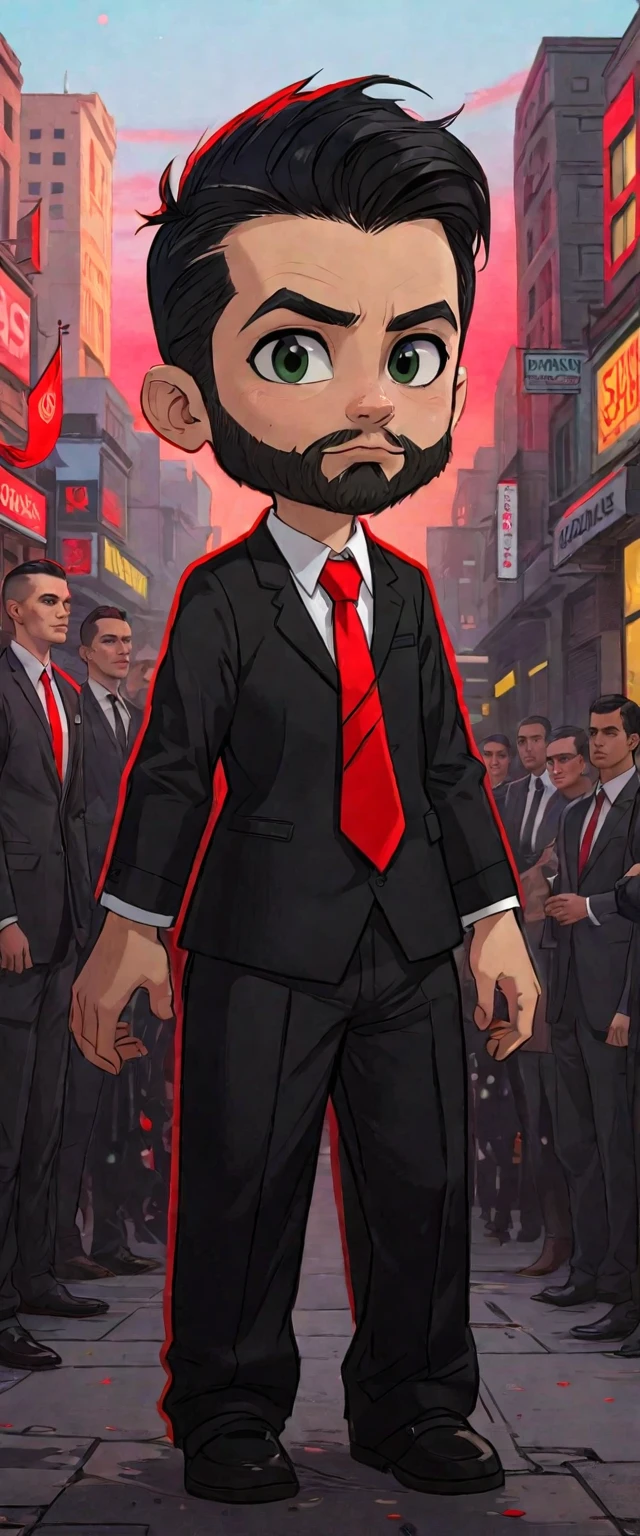 a guy with dark hair and shaved sides, closed beard, wearing a black suit with a red tie (Renan souzones)