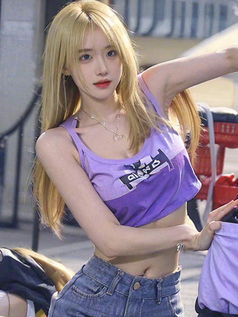 girl blonde hair, crop top shirt, hot pants, arm up