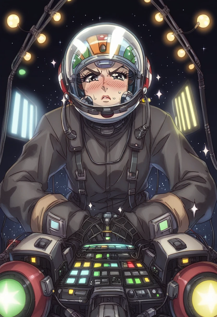 score_9, score_8_up, score_7_up, ((gothic vampire piloting in gothic spacecraft)), vintage anime, ((from below)), ((120 fov)), ((((gothic)) control panels)), ((mature)), (((gothic))), iridescent bodysuit, ((lace accessories)), ((pilot seat)), ((((lying back)) pose)), ((elegant)), (((serious tone))), futuristic, ((cockpit top control panel)), intricate control panel details, 1990s (style), [blushing], sweat, ((claustrophobic)), sparkles, screens, (pilot helmet), ((hands on controls)), ((cockpit lights)), fisheye view
