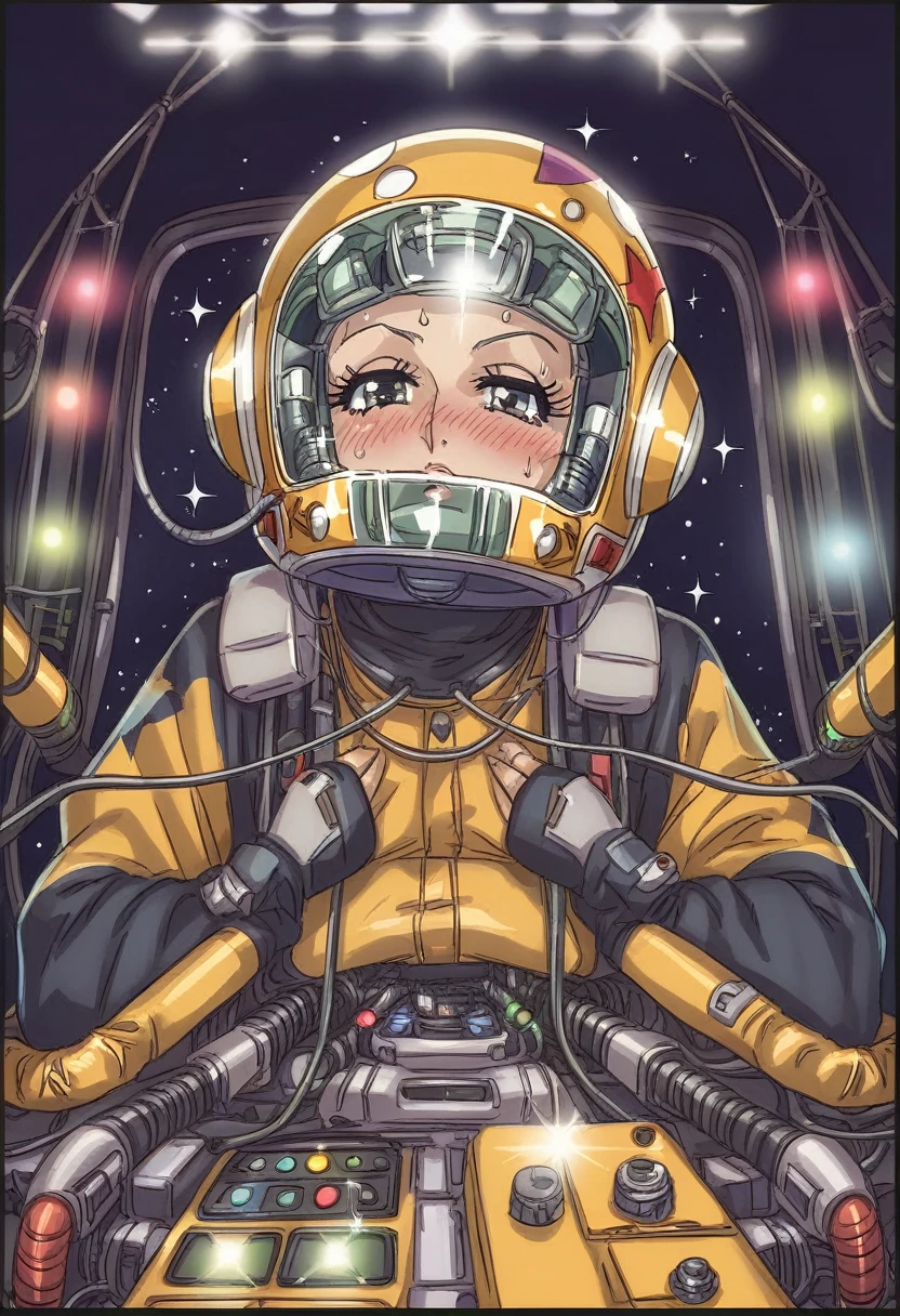 score_9, score_8_up, score_7_up, ((gothic vampire piloting in gothic spacecraft)), vintage anime, ((from below)), ((120 fov)), ((((gothic)) control panels)), ((mature)), (((gothic))), iridescent bodysuit, ((lace accessories)), ((pilot seat)), ((((lying back)) pose)), ((elegant)), (((serious tone))), futuristic, ((cockpit top control panel)), intricate control panel details, 1990s (style), [blushing], sweat, ((claustrophobic)), sparkles, screens, (pilot helmet), ((hands on controls)), ((cockpit lights)), fisheye view