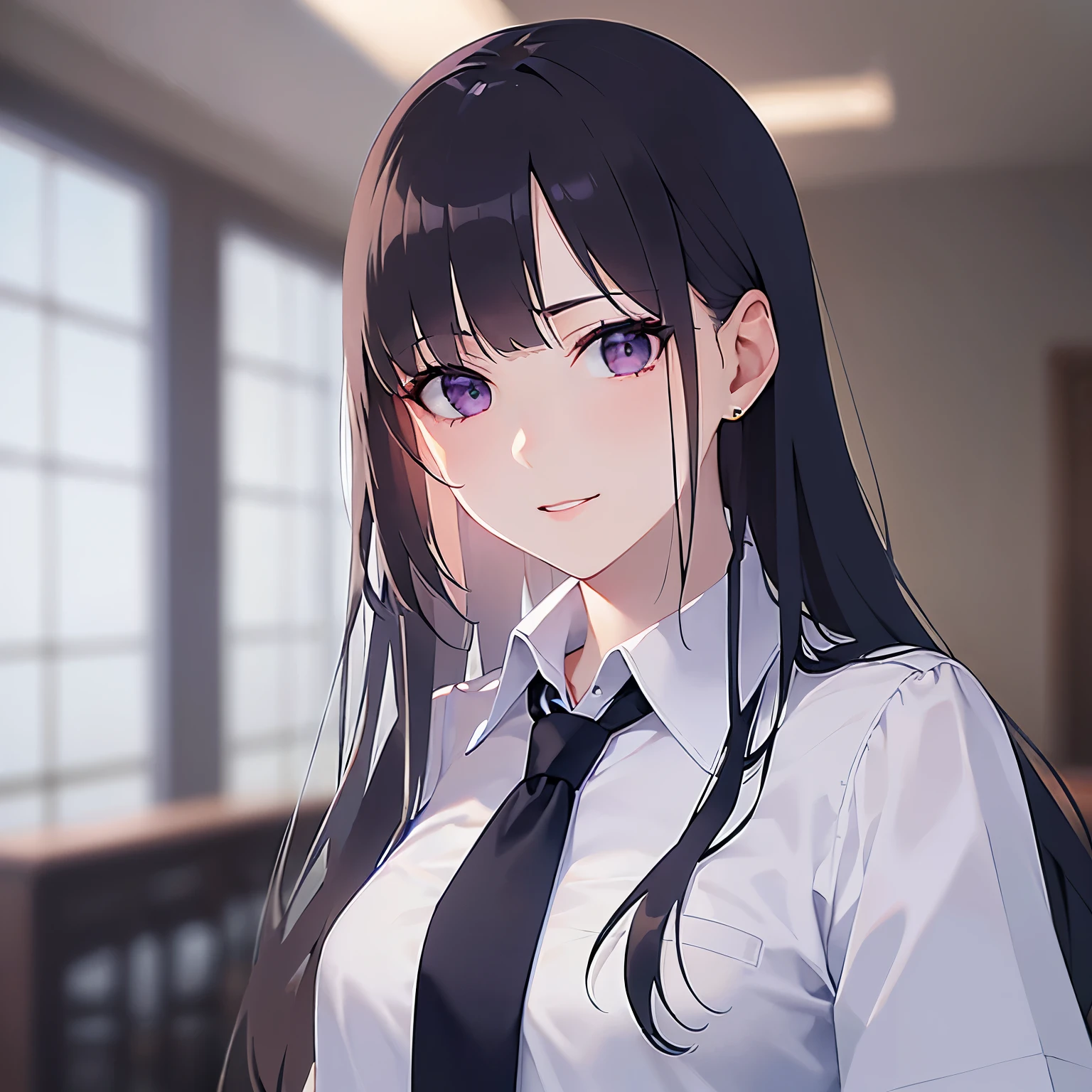 Realistic, real person, (pale skin: 1.2), Biologically correct five fingers、RAW photo, photorealistic, shiny skin, shiny hair、(A 25-year-old woman with straight hair and bangs) and (medium hair) and (black hair) and (purple eyes) , (business suit:1.5) and (white collared shirt)、smile, The background is the conference room、Alone、Sitting