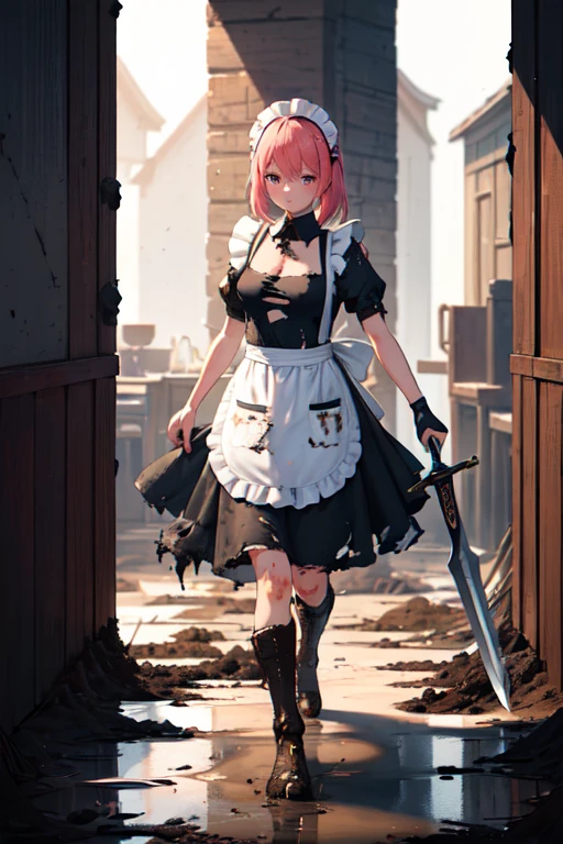 (Ultra-high resolution:1.4)(super high quality:1.4)(detailed:1.4)(Attention to detail), (Ultra-high resolution:1.6)
One girl, cute, Small breasts, White skin, Pink Hair, Classic maid outfit, Normal collar, Leading the way, Sword and Magic, Burning Battlefield, Fierce Battle, Intense Combat, Fighting with a two-handed sword, Large sword, Confronting a formidable opponent, There are scratches or stains, (戦闘でTorn clothes1.6), (Torn clothes:1.4), (Apron torn to shreds:1.6), (Shabby maid), Mud stains all over the body, Burnt and charred, (Tattered Apron:1.4), (Soot stains:1.6), (Covered in mud:1.6), A torn apron, Tattered Apron, Apron that looks like it's about to tear, Slashed Apron, Fighting in rags, (The whole body is dirty:1.4), (Mud on the apron, Dirt all over the body:1.4), Blown away, Slash marks,