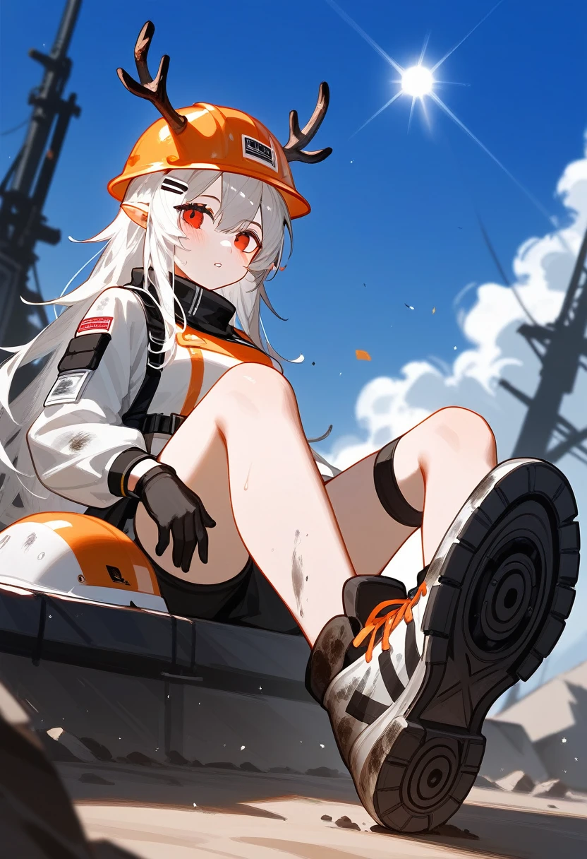 a result_9,a result_8_higher,a result_7_higher,1girl,Clay rock (Knights Knights),dirty,foot,gloves,Helmet,antlers,Shoe,Red eyes,حافي الfootين,Pointy ears,Breasts,Single,long hair,White hair,black gloves,أصابع الfoot,Hard hat,تركيز الfoot,Looking at the viewer,He sits,He sweats,Parted lips,dirty foot,Detain,in the fresh air,sky,Explosions,Oripathic lesion (Knights Knights),day,He smiles,Blush,demon antlers,Infection monitor (Knights Knights),Default,sun,