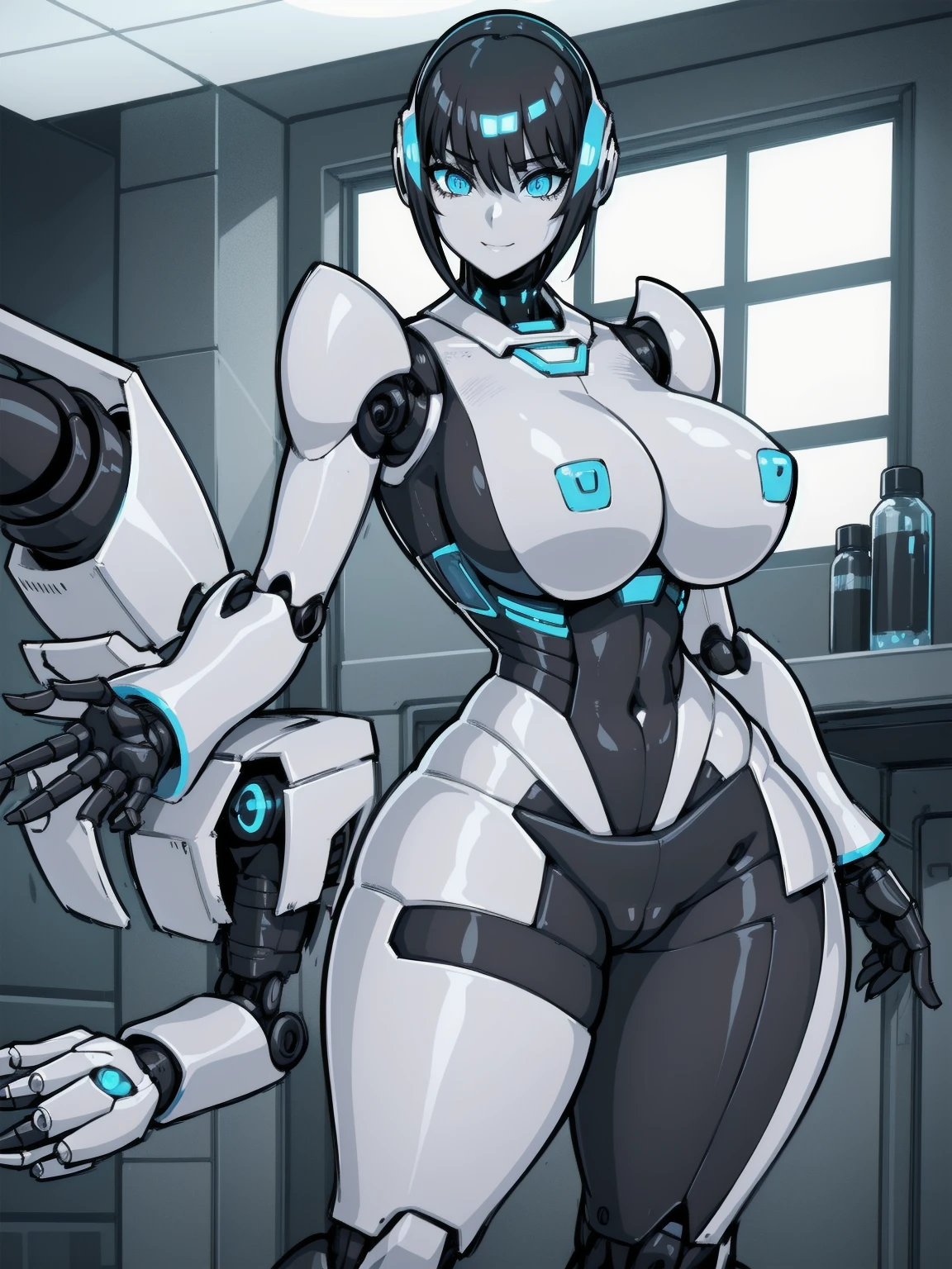 1girl,short hairs,black hairs,light blue eyes, curvy, huge breasts, humanoid robot, waving, joints, robot, robot joints, shiny, shiny skin, (white plastic:1.3),solo, thick thighs, thighs, wide hips, robot, humanoid robot, robot girl,indoor,window,science fiction,skyscraper,sitting,city,grin,office lady