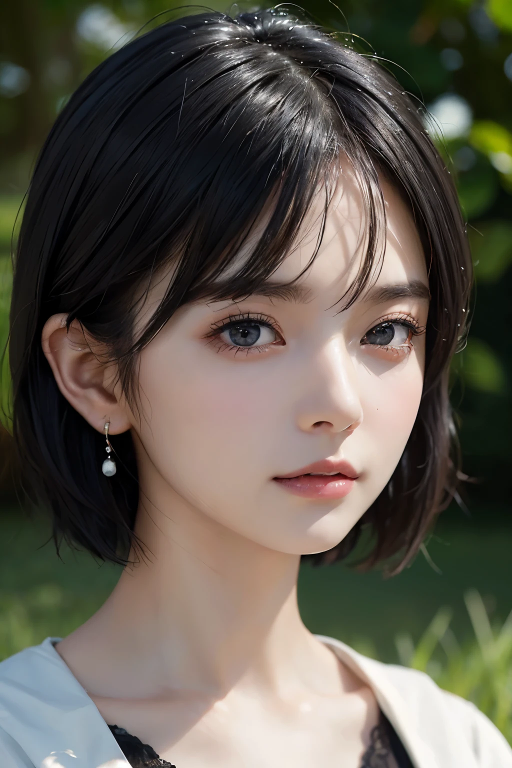 (((Black Short Hair))),  (grassland), Seductive pose, 背景がgrassland、Image from chest up:1.6)、Close-up portrait of a woman wearing a white off-the-shoulder top dress and earrings, Soft portrait shot 8k, Nice delicate face, High-quality 4K portraits, High-quality portraits, Soft, perfect, pale skin, 8K Highly Detailed Face, なbeautiful繊細な顔, beautiful光の大きな目, Beautiful and realistic face, beautiful１４Old woman, Beautiful and realistic face, cute１４Old woman