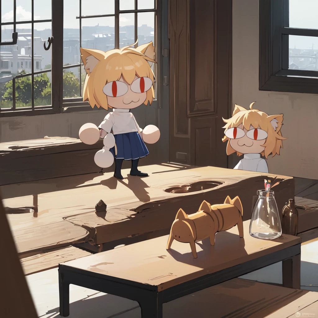 (masterpiece, best quality:1.2), necoarc, slit pupils, cat ears, blonde hair, red eyes, chibi, 1boy, solo, white turtleneck, blue skirt, pleated skirt, brown footwear, pantyhose, near a window, inside a room, highlight thighs, :3, landscape