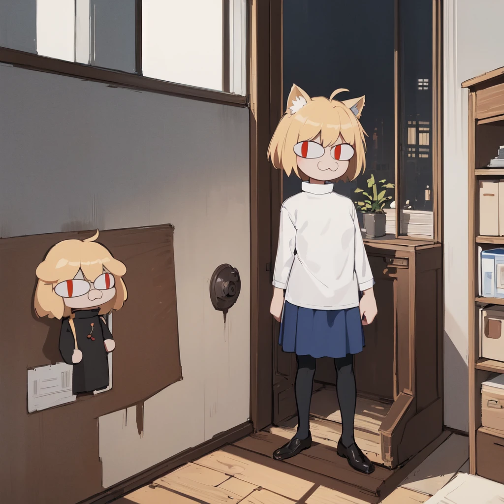 (masterpiece, best quality:1.2),  necoarc, slit pupils, cat ears, blonde hair, red eyes, chibi, 1boy, solo, white turtleneck, blue skirt, pleated skirt, brown footwear, pantyhose, near a window, inside a room, highlight thighs, :3, landscape