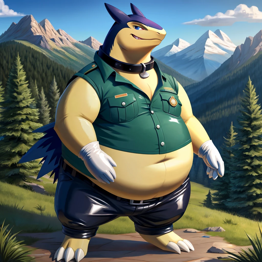 solo, full body, Male, fat, extremely obese, Typhlosion, park ranger, trousers, outdoor, park ranger uniform, collared shirt with buttons, blue eyes, (soft shading), 4k, hi res, ((detailed face, detailed)), looking at viewer, evil grin, Typhlosion is wearing the collared shirt and leather collar at the same time, Typhlosion is wearing a glossy leather dog collar around the neck, Typhlosion is wearing white rubber gloves on the hands, white rubber gloves on the feet, gloves are rubber in texture, leather collar is shiny, leather collar is extremely detailed, rubber gloves are glossy, Evergreen pine forest and mountains national park in the background, Environmental protection area.