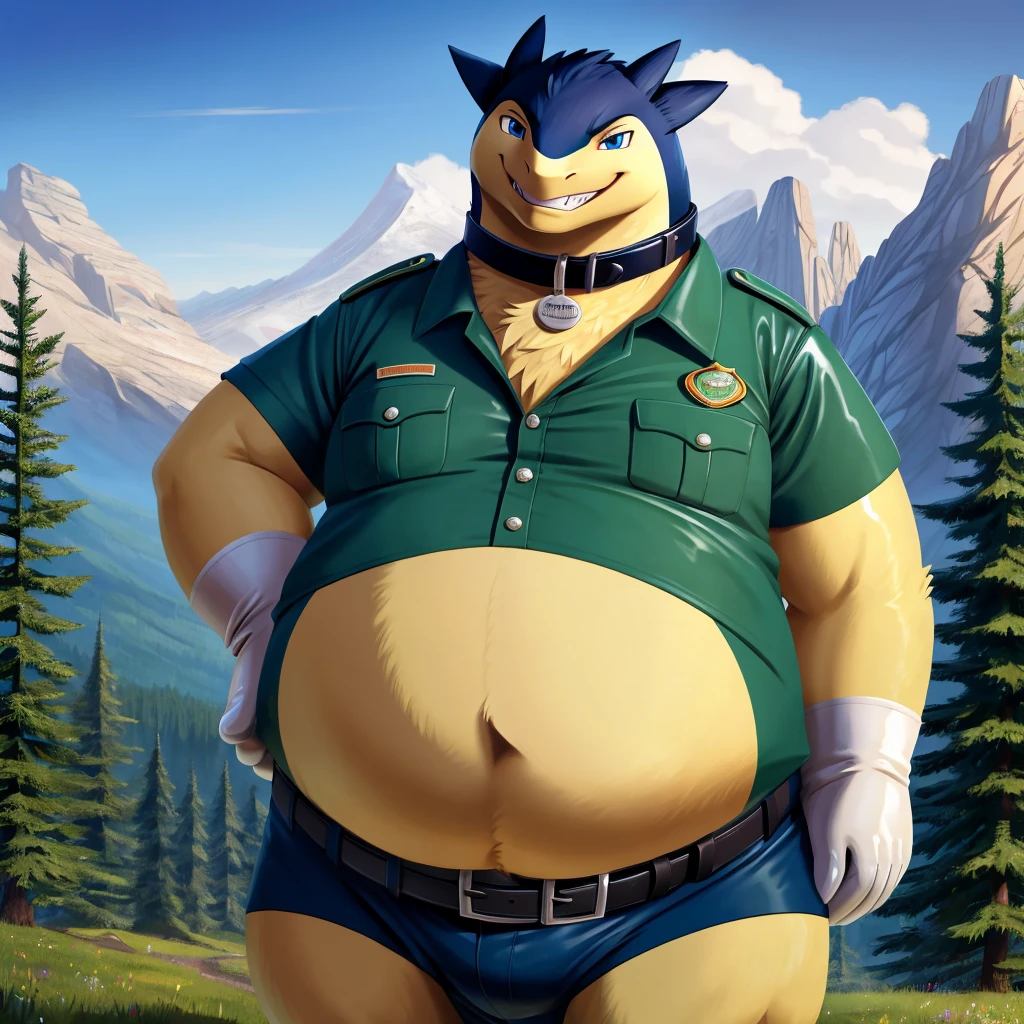 solo, full body, Male, fat, extremely obese, Typhlosion, park ranger, trousers, outdoor, park ranger uniform, collared shirt with buttons, blue eyes, (soft shading), 4k, hi res, ((detailed face, detailed)), looking at viewer, evil grin, Typhlosion is wearing the collared shirt and leather collar at the same time, Typhlosion is wearing a glossy leather dog collar around the neck, Typhlosion is wearing white rubber gloves on the hands, white rubber gloves on the feet, gloves are rubber in texture, leather collar is shiny, leather collar is extremely detailed, rubber gloves are glossy, Evergreen pine forest and mountains national park in the background, Environmental protection area.