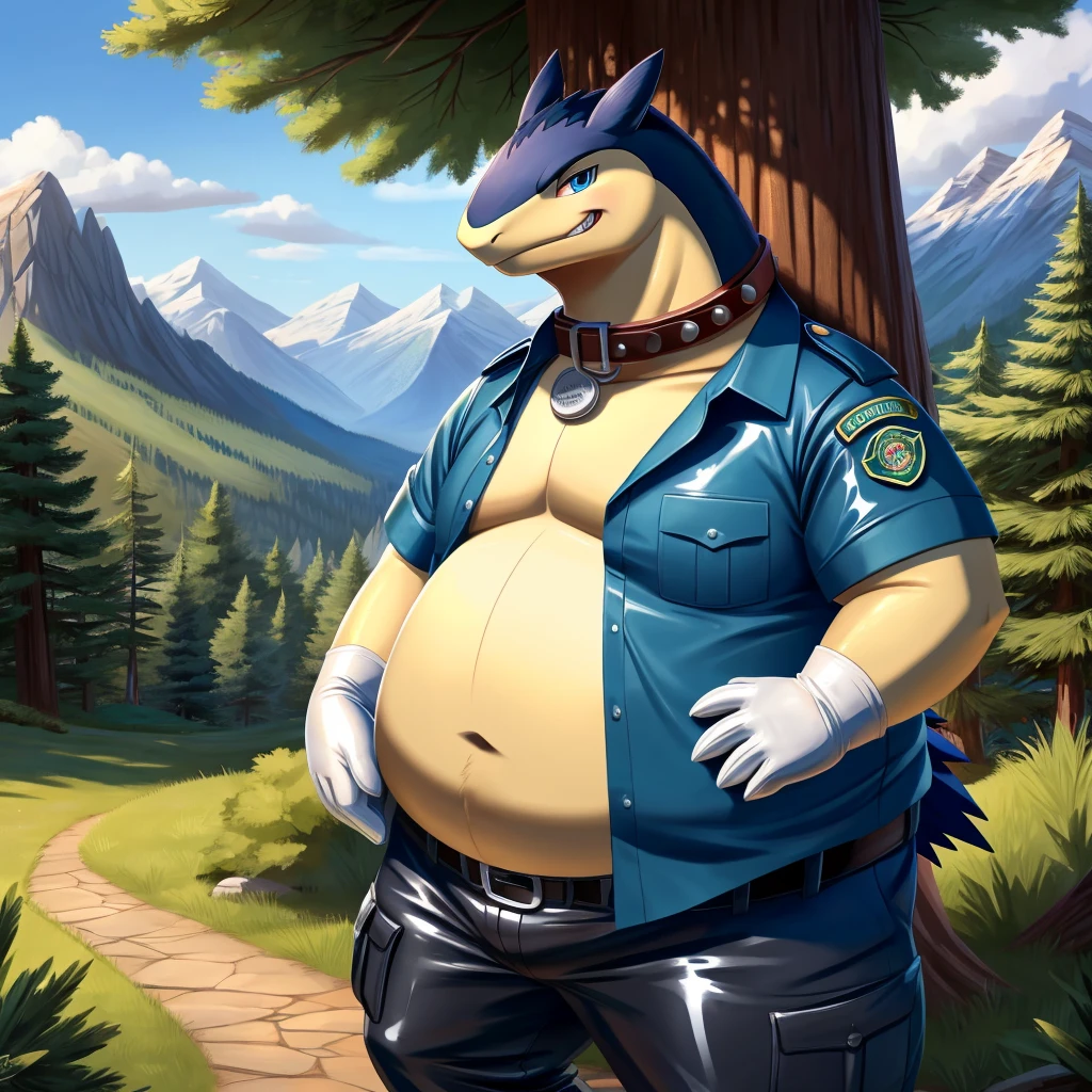 solo, full body, Male, fat, extremely obese, Typhlosion, park ranger, trousers, outdoor, park ranger uniform, collared shirt with buttons, blue eyes, (soft shading), 4k, hi res, ((detailed face, detailed)), looking at viewer, evil grin, Typhlosion is wearing the collared shirt and leather collar at the same time, Typhlosion is wearing a glossy leather dog collar around the neck, Typhlosion is wearing white rubber gloves on the hands, white rubber gloves on the feet, gloves are rubber in texture, leather collar is shiny, leather collar is extremely detailed, rubber gloves are glossy, Evergreen pine forest and mountains national park in the background, Environmental protection area.