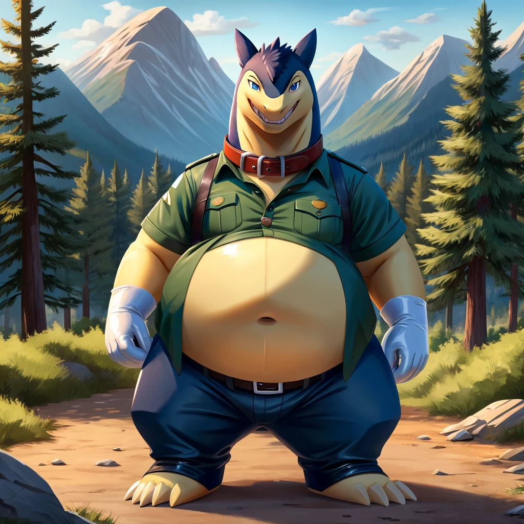 solo, full body, Male, fat, extremely obese, Typhlosion, park ranger, trousers, outdoor, park ranger uniform, collared shirt with buttons, blue eyes, (soft shading), 4k, hi res, ((detailed face, detailed)), looking at viewer, evil grin, Typhlosion is wearing the collared shirt and leather collar at the same time, Typhlosion is wearing a glossy leather dog collar around the neck, Typhlosion is wearing white rubber gloves on the hands, white rubber gloves on the feet, gloves are rubber in texture, leather collar is shiny, leather collar is extremely detailed, rubber gloves are glossy, Evergreen pine forest and mountains national park in the background, Environmental protection area.