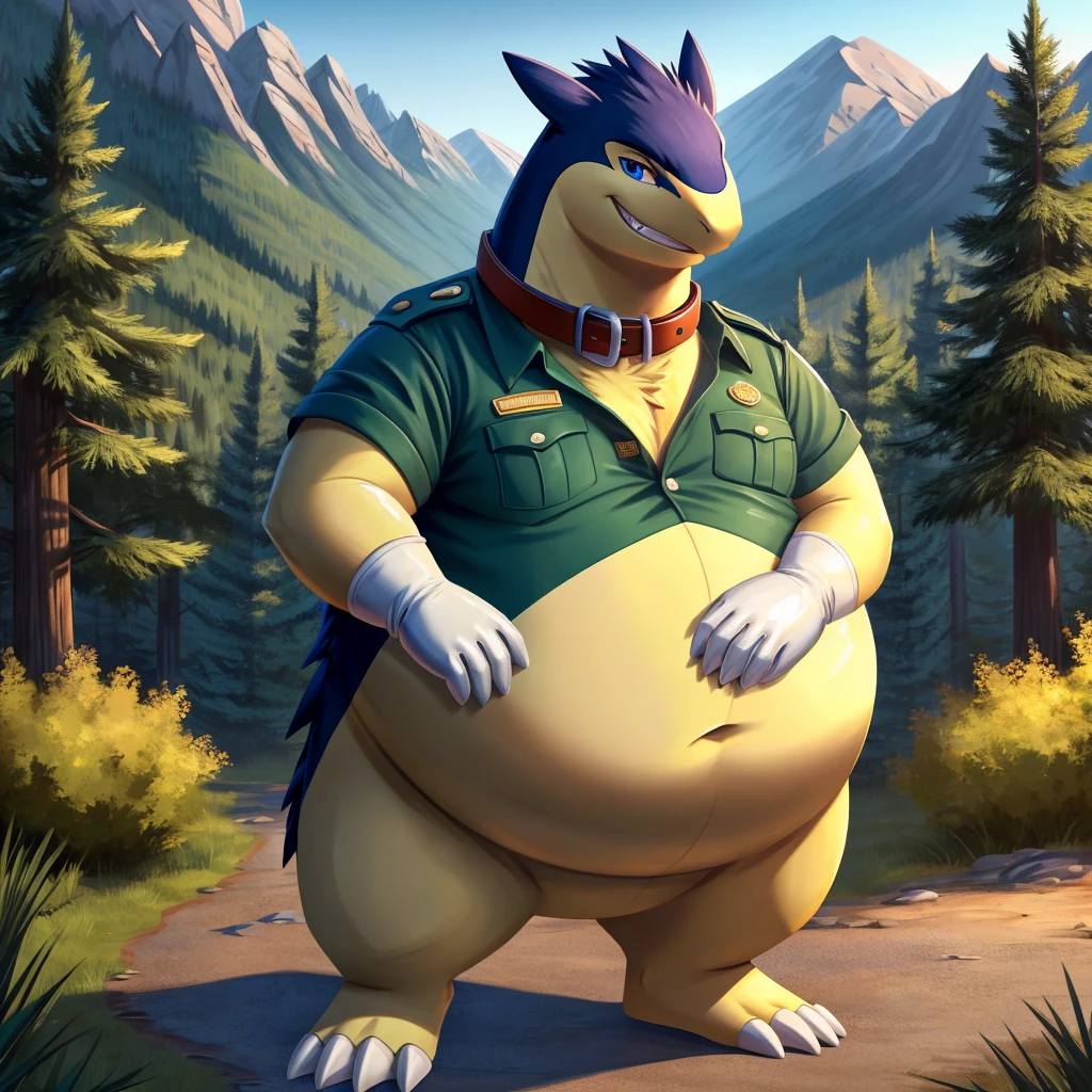 solo, full body, Male, fat, extremely obese, Typhlosion, park ranger, trousers, outdoor, park ranger uniform, collared shirt with buttons, blue eyes, (soft shading), 4k, hi res, ((detailed face, detailed)), looking at viewer, evil grin, Typhlosion is wearing the collared shirt and leather collar at the same time, Typhlosion is wearing a glossy leather dog collar around the neck, Typhlosion is wearing white rubber gloves on the hands, white rubber gloves on the feet, gloves are rubber in texture, leather collar is shiny, leather collar is extremely detailed, rubber gloves are glossy, Evergreen pine forest and mountains national park in the background, Environmental protection area.