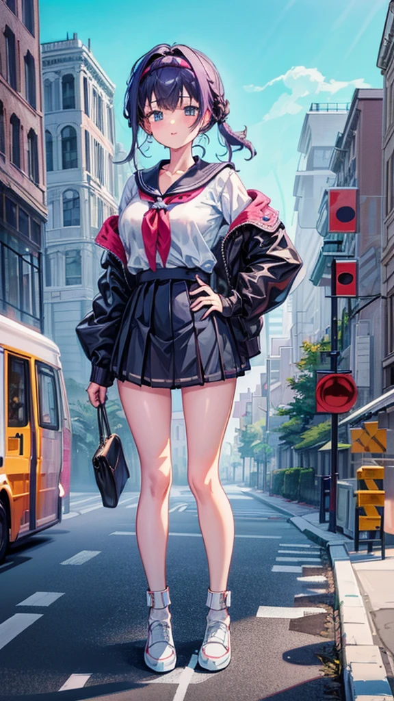 Knot Unreal Engine Anime Style Delicate painting 4K 90's giant Multiple Girls crowd School building City School buildingの谷間に立っている巨大な女子高生 school uniform Sailor suit skirt Black Hair Hands on hips smile female giant giant girl Whole body Destroyed skyscrapers Destroyed cars Crowd Unreal Engine,cleavage ,a drawing of a , earrings, long hair, 1980s (style) Cute picture Beauty Analog style whole body sneakers