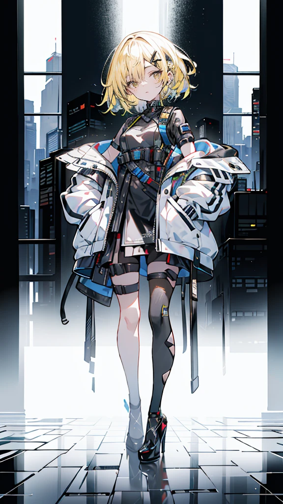 1 girl, short yellow hair, cyberpunk, Alice in Wonderland, black high heels, hand in pocket, best quality, 4k, 8k, highres, masterpiece:1.2, ultra-detailed, realistic, photorealistic, photo-realistic:1.37, HDR, UHD, studio lighting, ultra-fine painting, sharp focus, physically-based rendering, extreme detail description, professional, vivid colors, bokeh, concept art