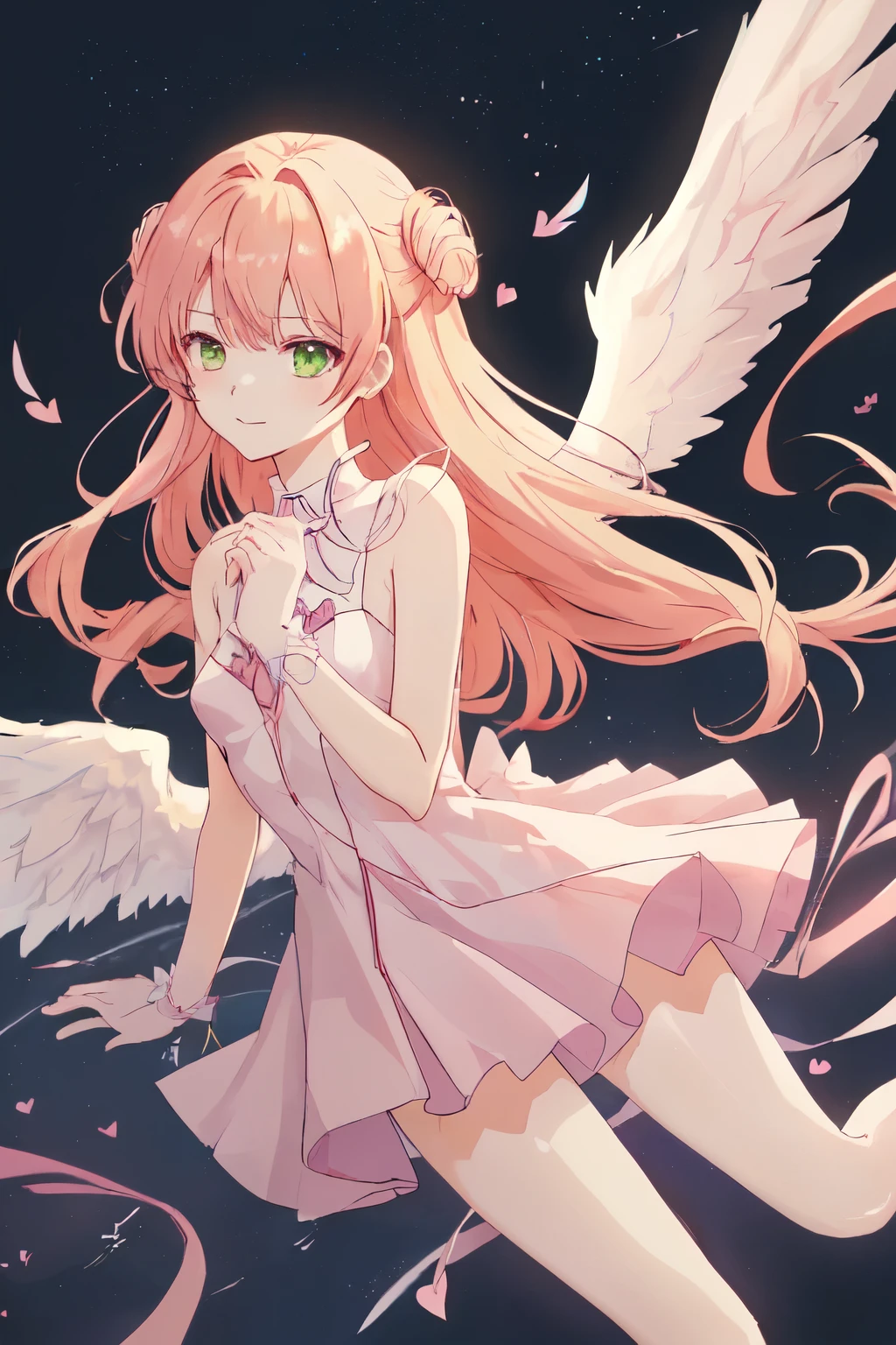 1_girl, (anime, kawai:2), (masterpeice, best_quality, clean:1.5), (sky_background:1.2), (cute, cute_smile, young:1.5), (delicate, extremely_delicate, beautiful, thin:1.5), (girlfriend, angel:1.8), (green_eyes, simple_eyes:1.8) (long_hair, blond_hair, wearing_pink_dress, pink_angel_wings, sexy_gloves:1.5), extremely_delicate, (love_magic:1.5), (age_size_fits_body), (small_thighs:1.3), (breasts), (eye_level:1.3), (heart_magic, love:1.5), (folded_legs:1.5), (combat:1.2)