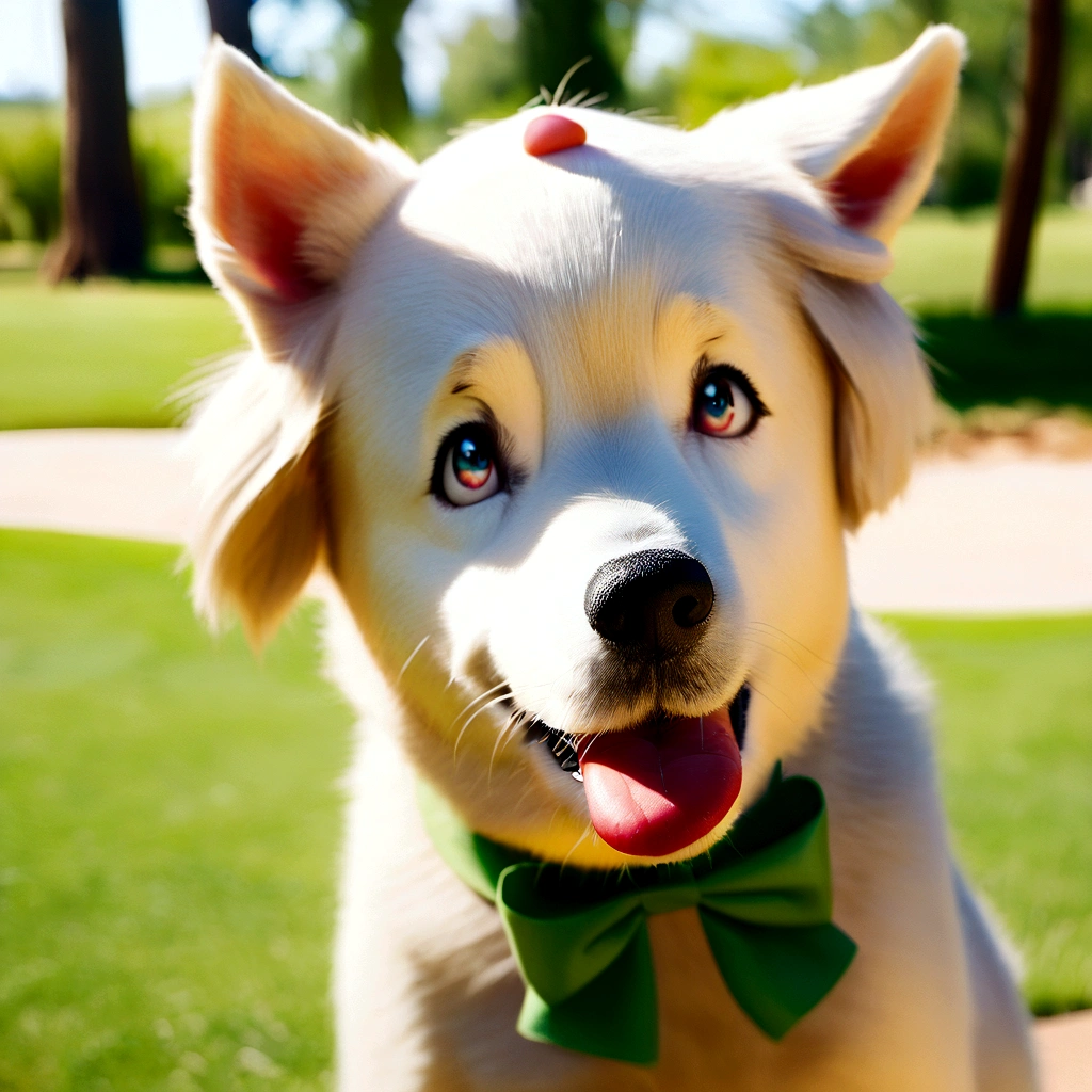 white and light brown albino dog, with different colored eyes, tongue out and green bow on her head, pixar cartoon style photo