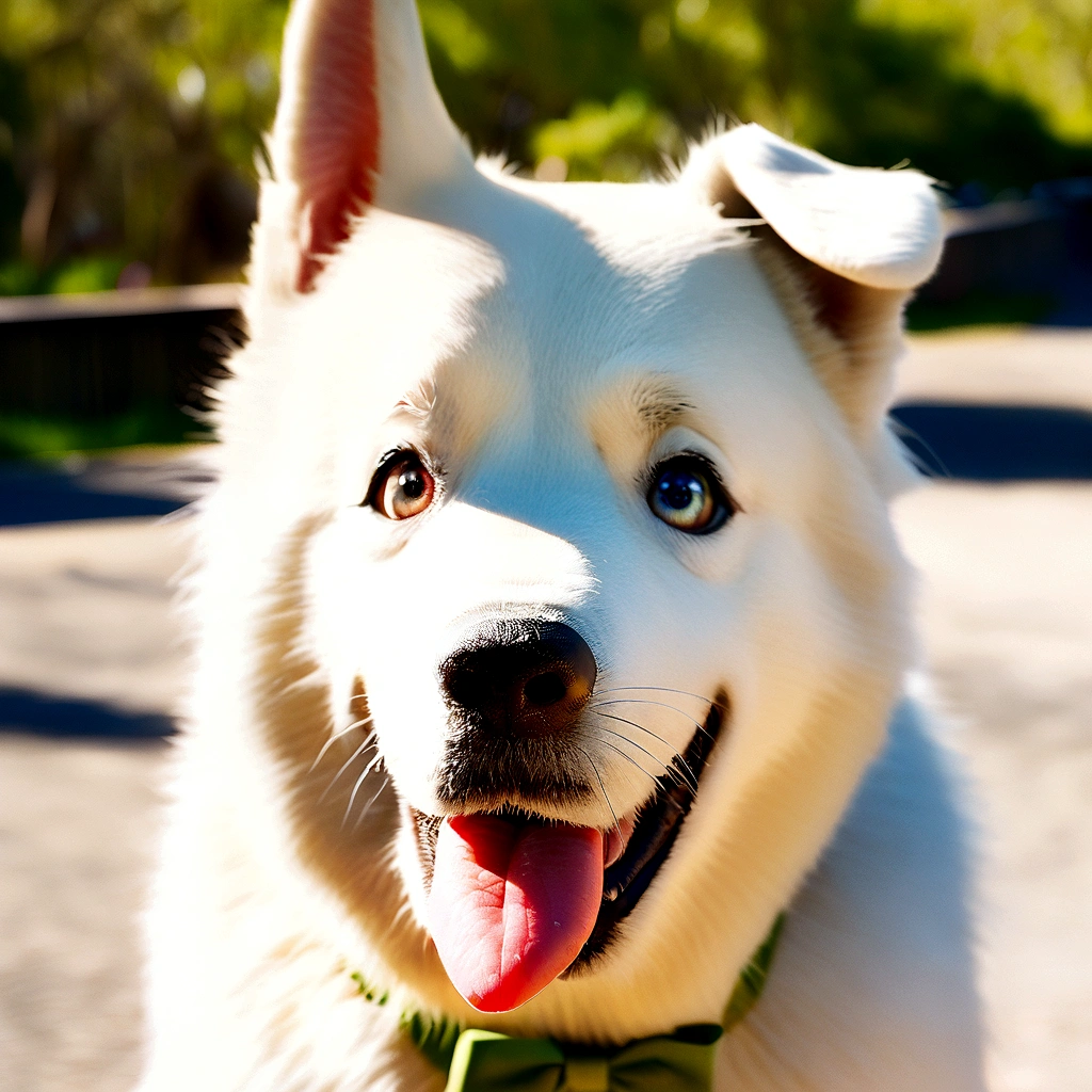 white and light brown albino dog, with different colored eyes, tongue out and green bow on her head, pixar cartoon style photo