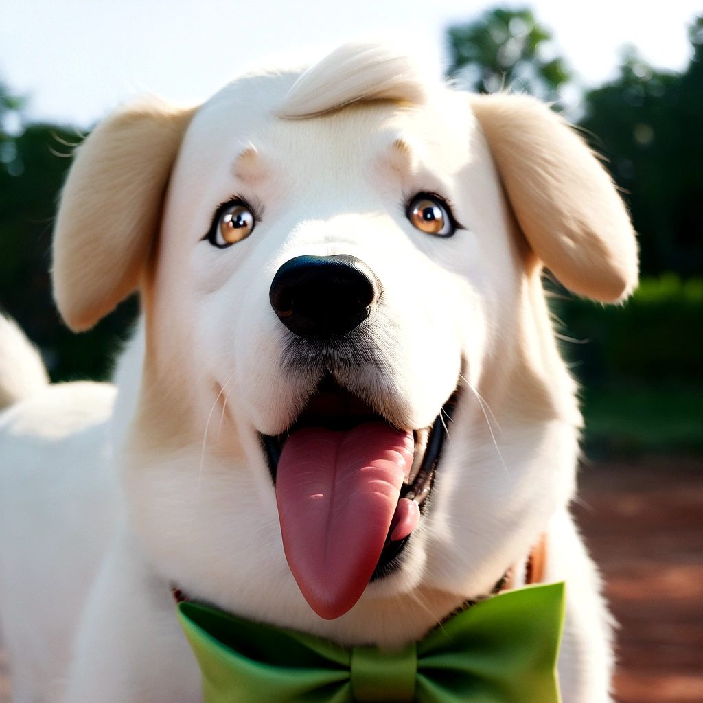 white and light brown albino dog, with different colored eyes, tongue out and green bow on her head, pixar cartoon style photo
